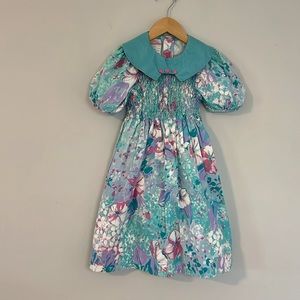 Smocked Floral Kids Dress with Teal Collar